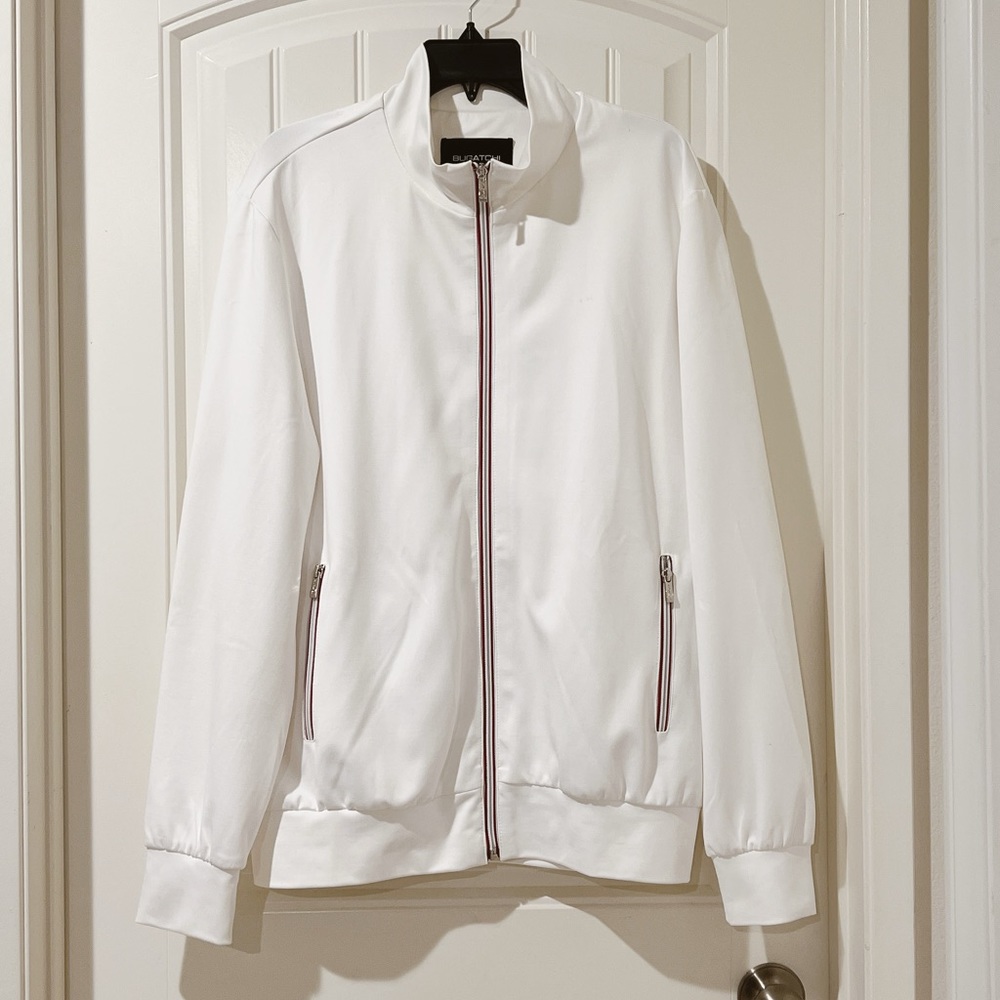 BUGATCHI Men's Full Zip Mock Neck White/Red Striped Bomber Sweatshirt Jacket XL